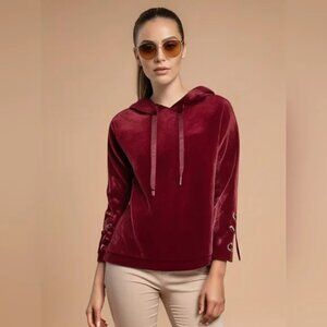 Anthropologie Love Tree Red Velour Lace-Up Hoodie